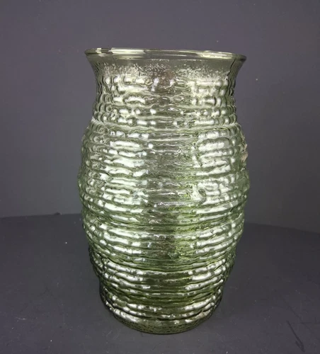 Anchor Hocking Soreno Avocado Green Ridged Flower Vase Vintage MCM