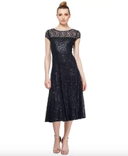 SL Fashions Petite Sequined Lace Cap-Sleeve Dress, Black Sz 16P a639206