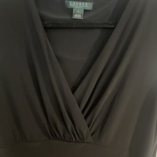 Lauren Ralph Lauren Dress Women Sz 14 Black Faux Wrap Ruched V-Neck Stretchy