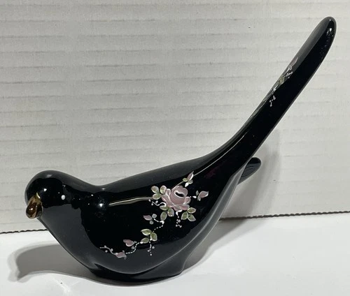 Fenton Bird of Happiness…Ebony Black Glass Painted Pink Roses-Signed V. Gherke