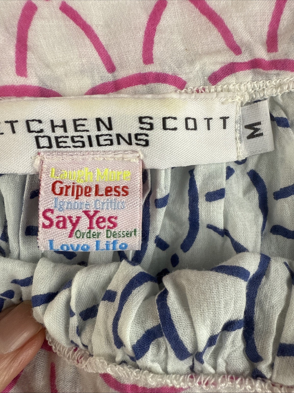 Gretchen Scott Designs Short Sleeve Tie Sleeve White Blue/Pink Design Top Size M