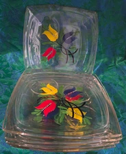 Lot of 6 HAZEL ATLAS Glass Luncheon Plates Hand Painted TULIP Flowers 8" Vintage