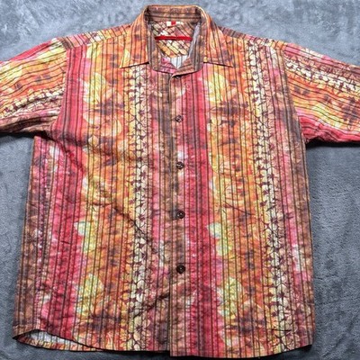 SIGNUM Shirt Mens Large Multicolor Striped Floral Short Sleeve Beach Button Up