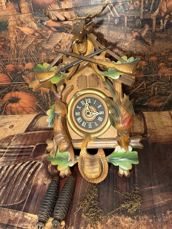 Black Forest Style Mechanical Wood Cuckoo Clock Animal Motif Analog Roman Numer…