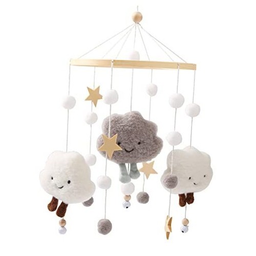 Baby Crib Mobile Wooden Wind Chime Bed Bell,Neutral Baby Crib gray clould