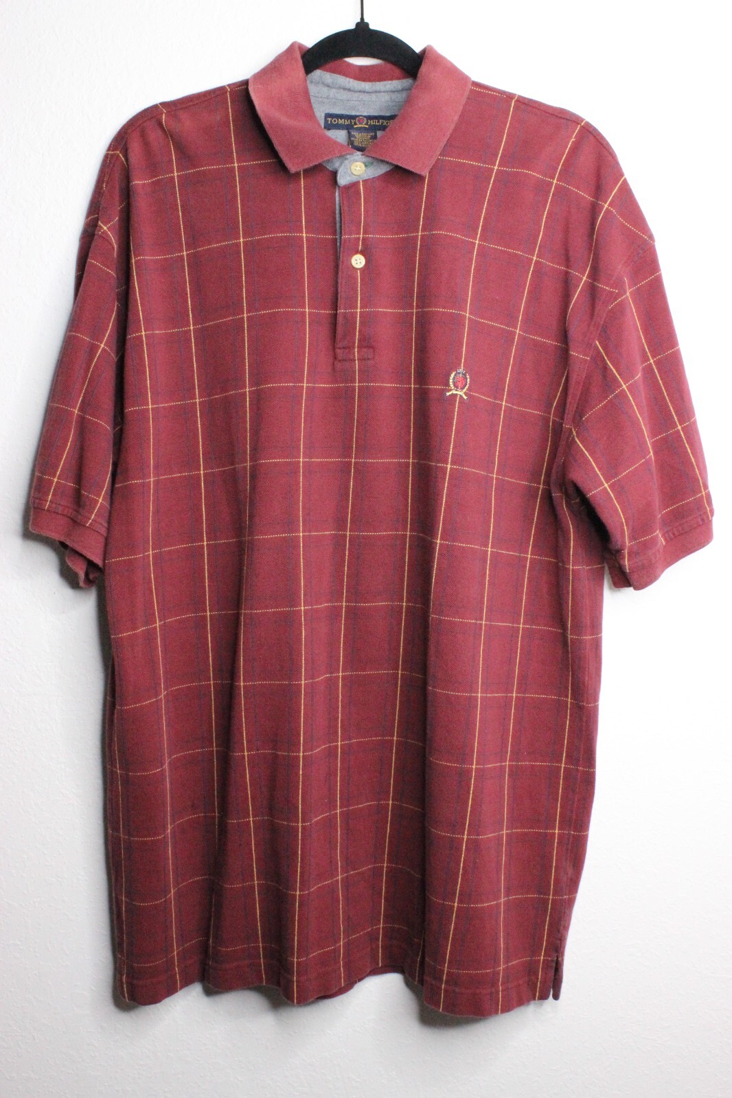 Tommy Hilfiger Gold Crest Red Check Polo Shirt Men's XL