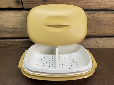 Vintage Tupperware #1273-4 Harvest Gold 3 Piece Vegetable/Rice Steamer Strainer