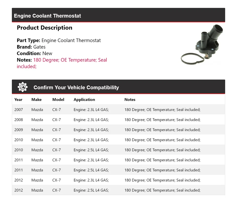 For 2007-2012 Mazda CX-7 Engine Coolant Thermostat Gates 2008 2009 2010 2011 - Image 2 of 4