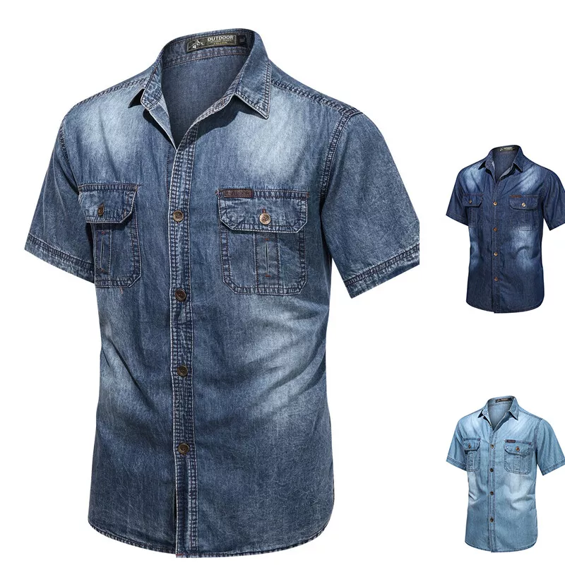 Mens Denim Jeans T-Shirt Cotton Casual Top Flap Pocket Work Shirts Short Sleeve