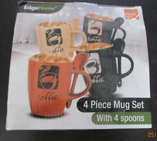Edge Home 4 Piece Mug Set with Spoons 12 oz Coffee Mugs NEW in Box