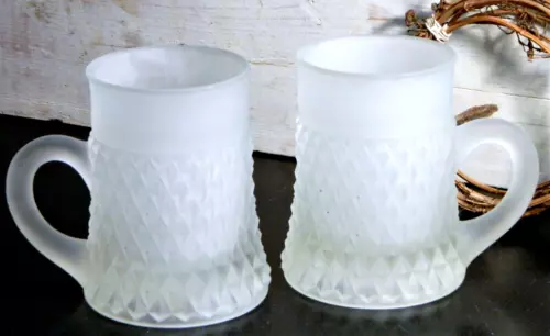 Tankard Mugs Frosted Indiana Glass  Diamond Point Set 2