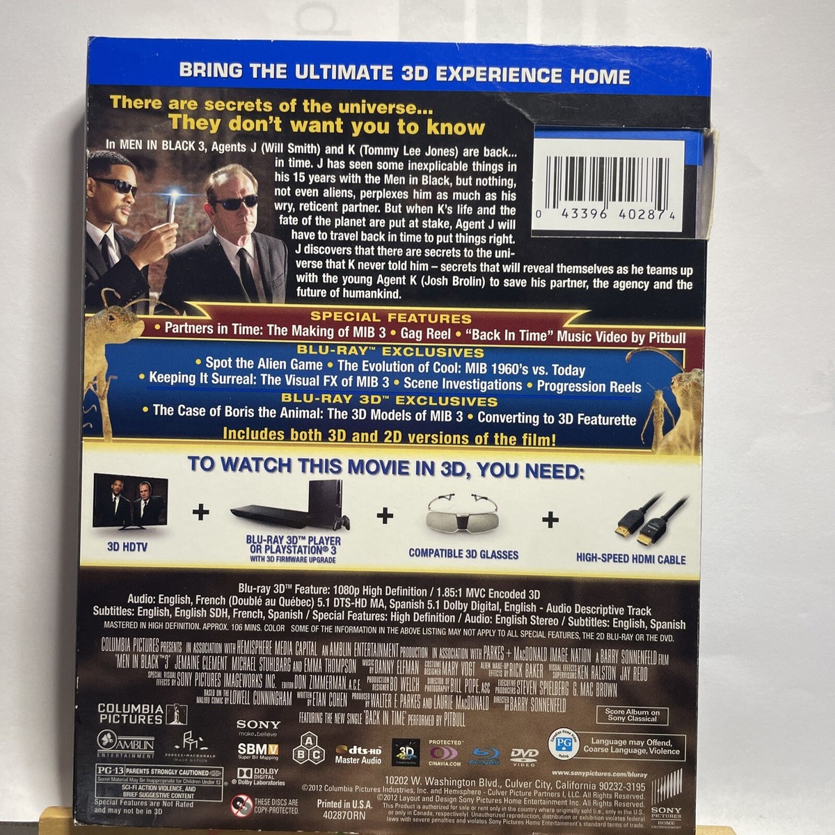Men in Black 3 (Blu-ray, 3D Blu-ray & DVD, 2012) w/ 3-D Slipcase