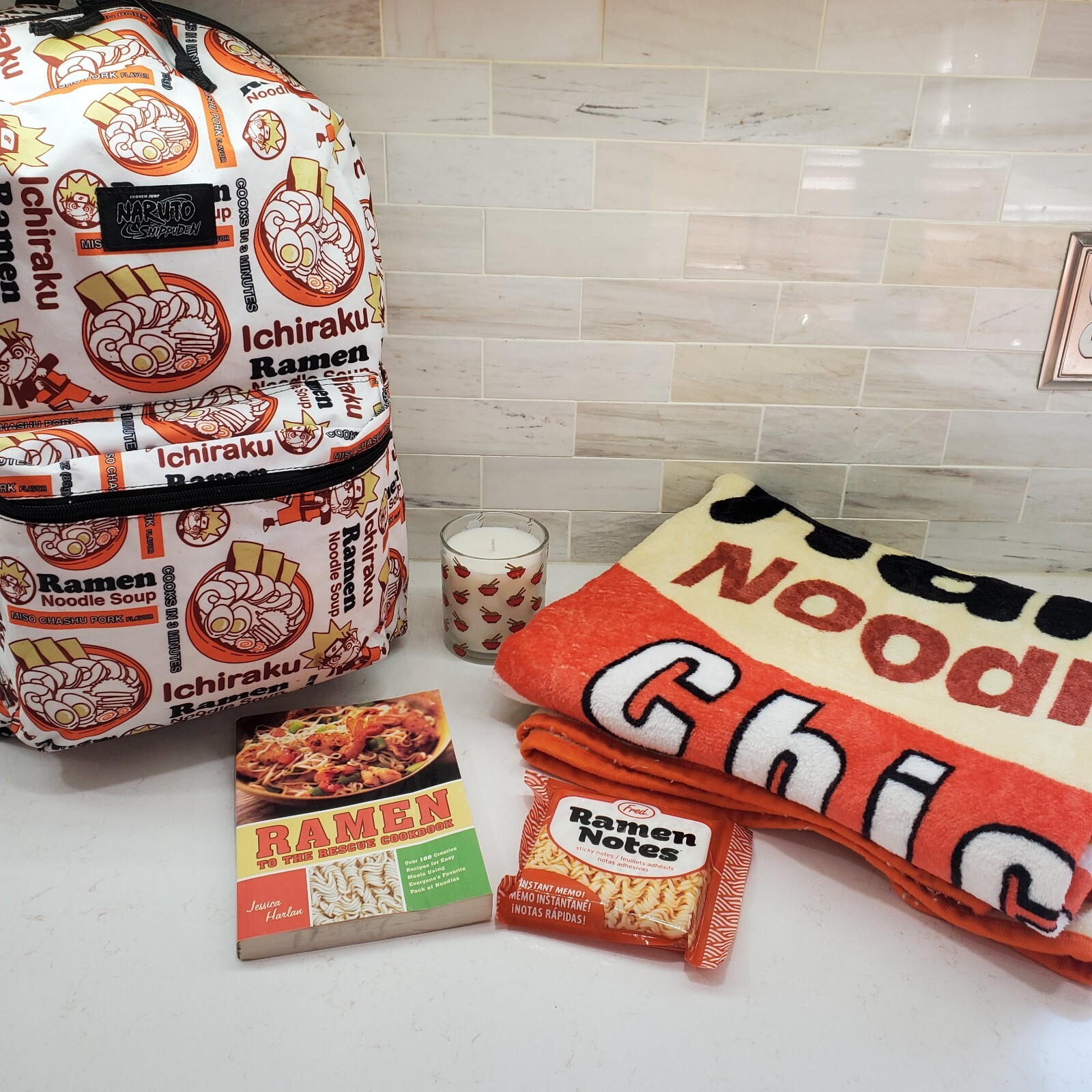 RAMEN NOODLE Gift Set - Backpack Blanket Candle Notepad Cookbook Fun & Useful