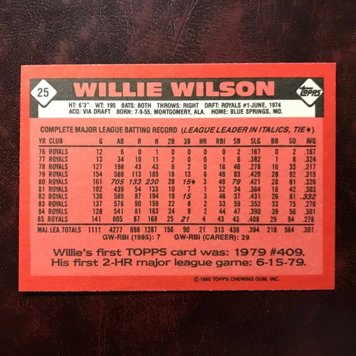 1986 Topps TIFFANY Set WILLIE WILSON #25 ROYALS ** MINT ** HIGH GRADE ** - Picture 2 of 2