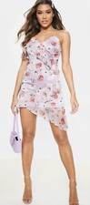 Size 6 Pretty Little Thing Lilac Floral Print Ruffle Asymmetric Bodycon Dress