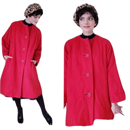 1950s 1960s Red Wool Swing Coat Button 