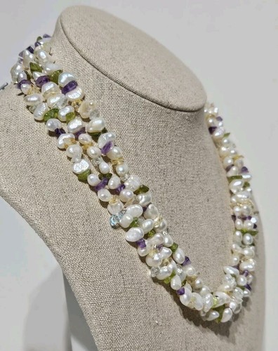 14K Gold Pearl Amethyst Peridot Quartz Chip 3 Strand Necklace 18-1/2" - Picture 8 of 12