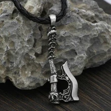 Viking Celtic Norse Axe Pendant Leather Rope Link Chain Nordic Amulet Necklace 