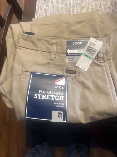 IZOD Men's Performance Stretch Slim Fit Flat Front Non Iron Khaki 34X32 NWT