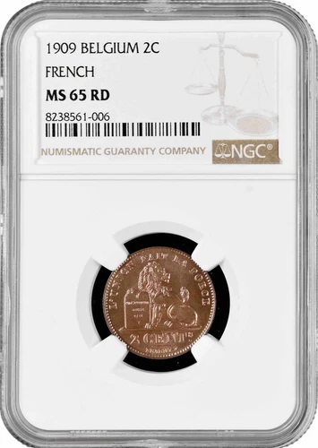 Belgium 2 centimes 1909 French, NGC MS65 RD, "King Leopold II (1865 - 1909)"