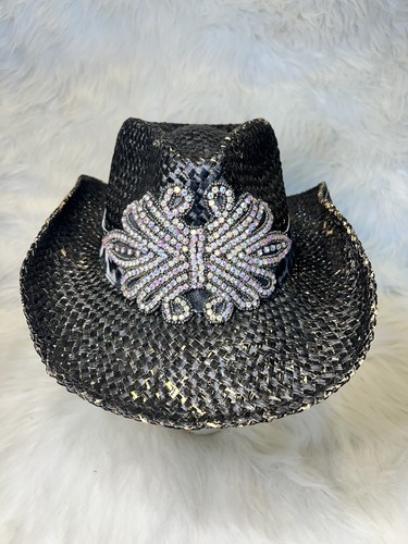  Olive & Pique Black Western Vintage Cowboy With Crystal Stones, Flexible Rims. 