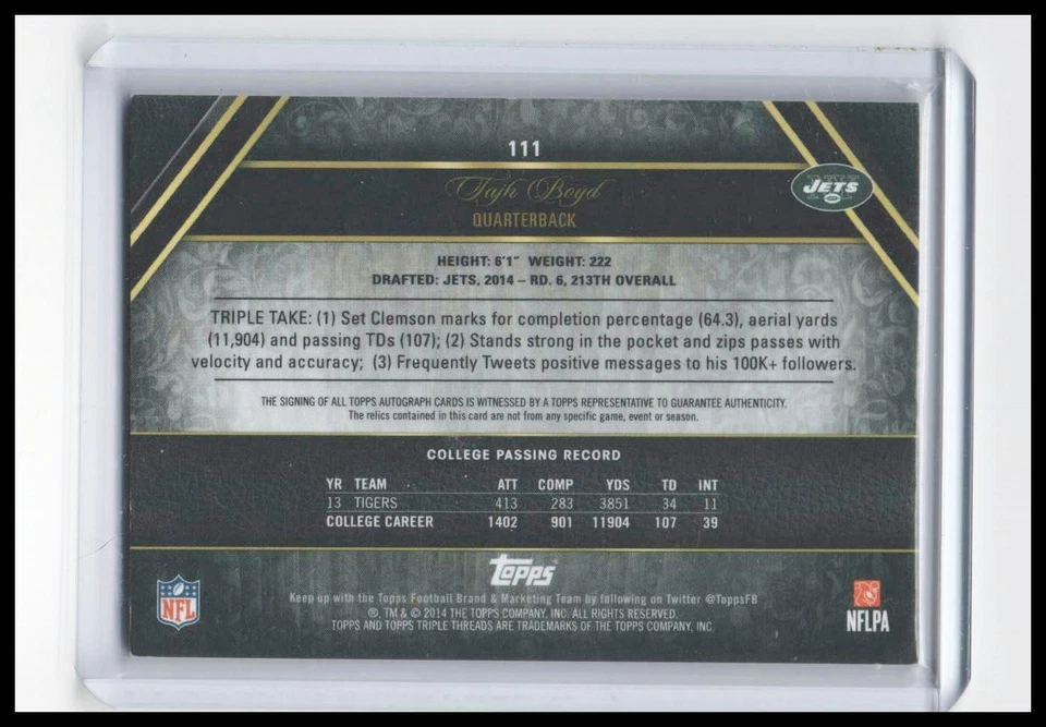 2014 Topps Triple Threads - Tajh Boyd - Gold Rookie Patch Auto #/25 - Image 2 of 2