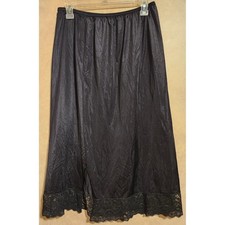 Vintage Fortune Black Nylon Half Slip Lace Trim Midi Skirt USA Made