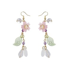 Dainty Pink Flower Pearl Leaf Long Dangle Drop Earrings for Women Cute Gold Plat