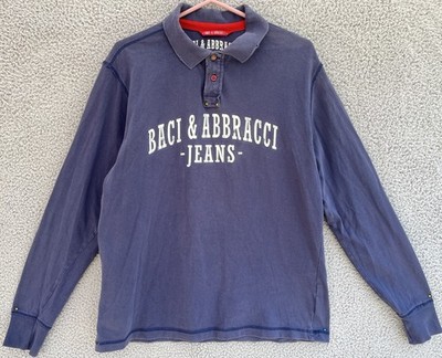 Baci & Abbracci Men's Large Navy Long Sleeve Distressed Polo with Chest Logo