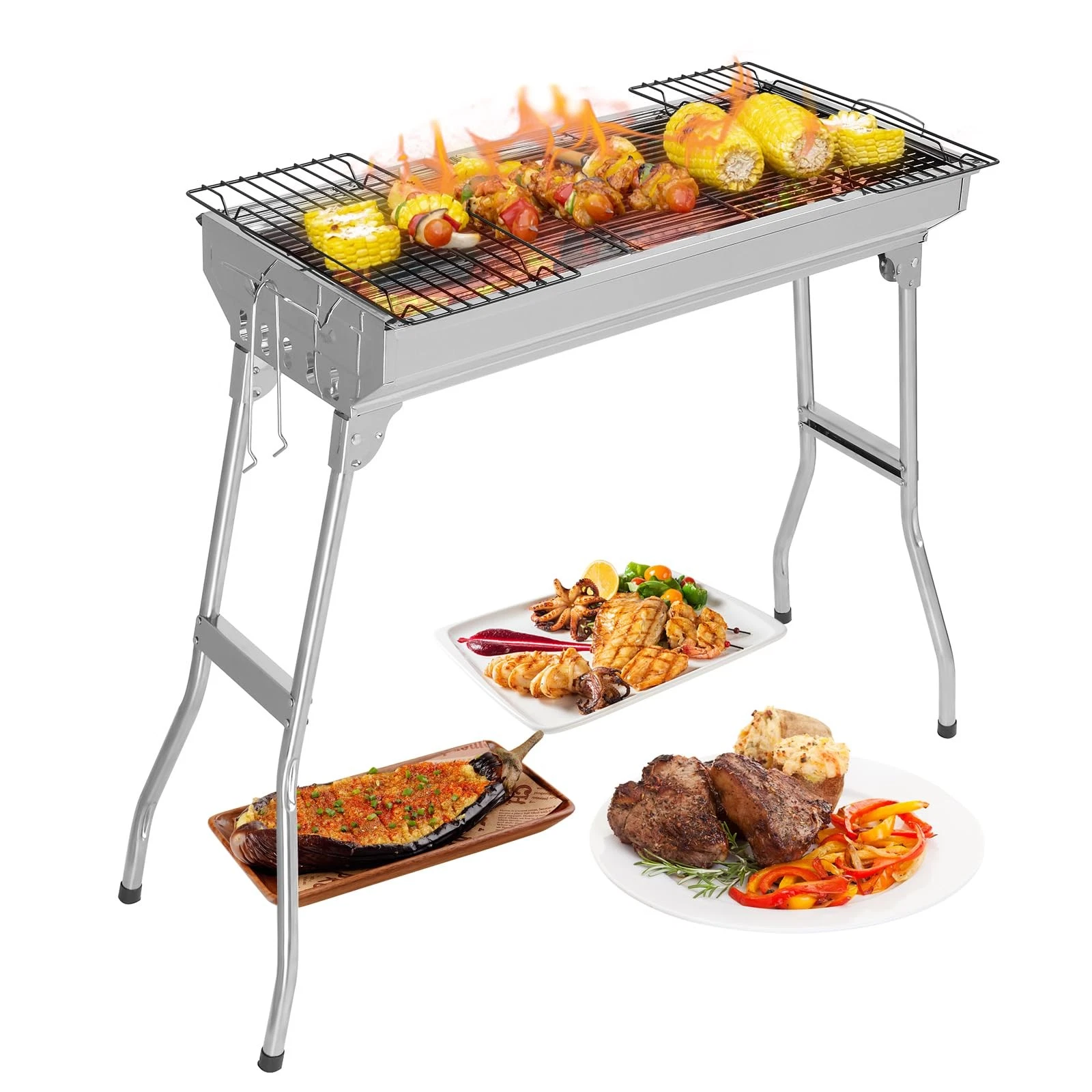 Portable Stainless Steel BBQ Charcoal Grill 28x13x27" Foldable Picnic Outdoor