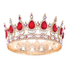 Queen Crown for Women Crystal Tiara Rhinestone Wedding Gold AB Red