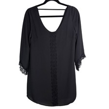 Anthropologie ASTR the Label Black Lace Trim V Neck 3/4 Sleeve Mini Dress Small