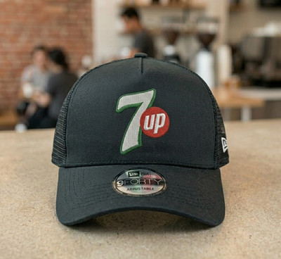 9FORTY 7 Up Soda Hat Trucker Mesh Cap Black Embroidered Logo Adjustable