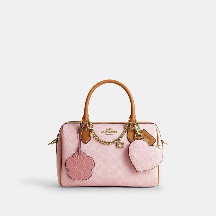 NWT Coach POWDER PINK Heart Bag Charm In Signature Canvas CEA22