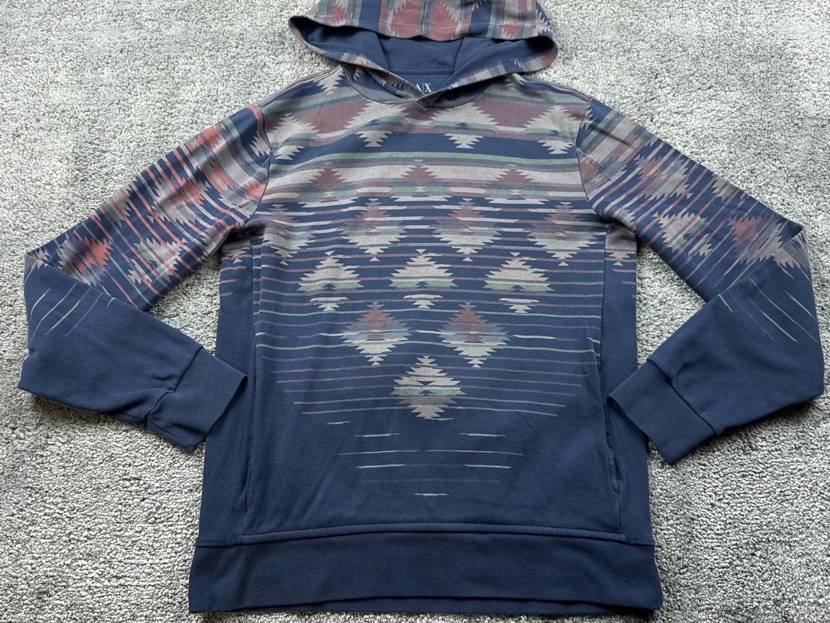 Armani Exchange Hoodie Mens Medium Blue Aztec Print Lightweight 