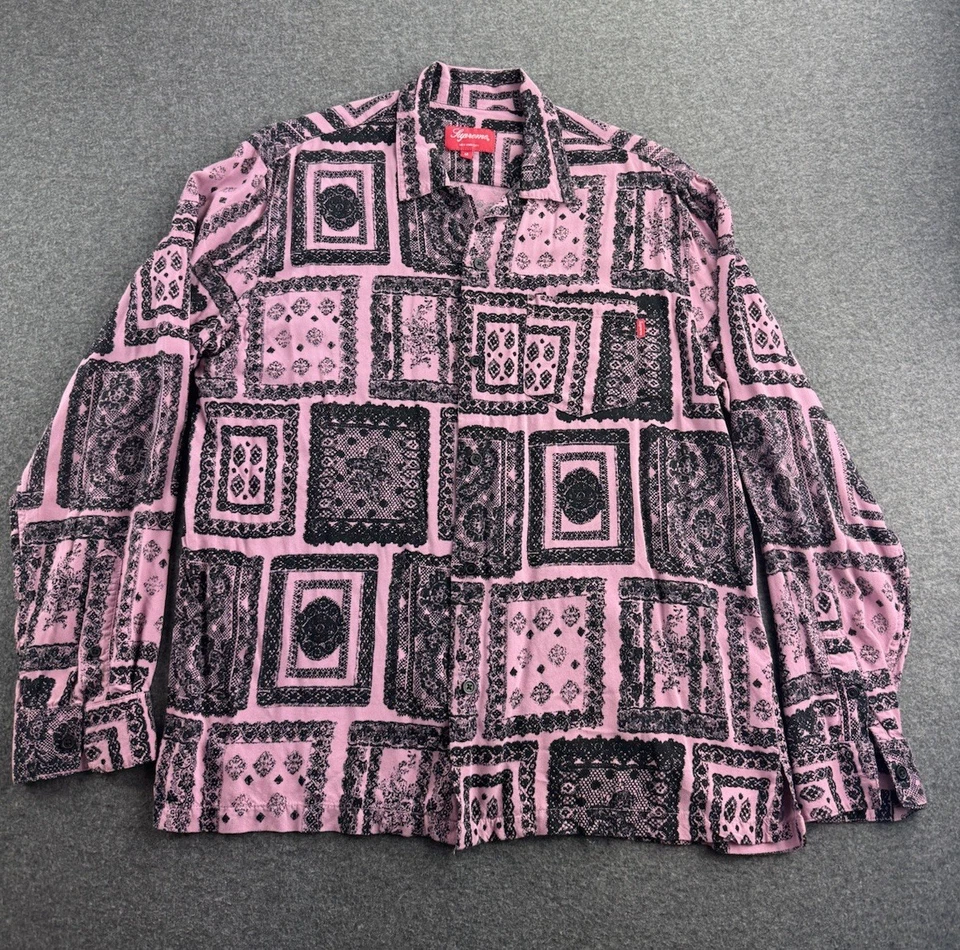 Рубашка на пуговицах мужская Supreme на шнурках вискоза розовая/лавандовая с длинным рукавом размер средний - Изображение 3 из 4