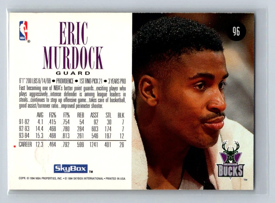 1994-95 SkyBox Premium #96 Eric Murdock Milwaukee Bucks Basketball Card - Image 2 of 2
