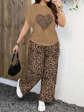 Women's Two-Piece Set Spring Summer Leopard Heart Print Khaki Short Sleeve Wide
