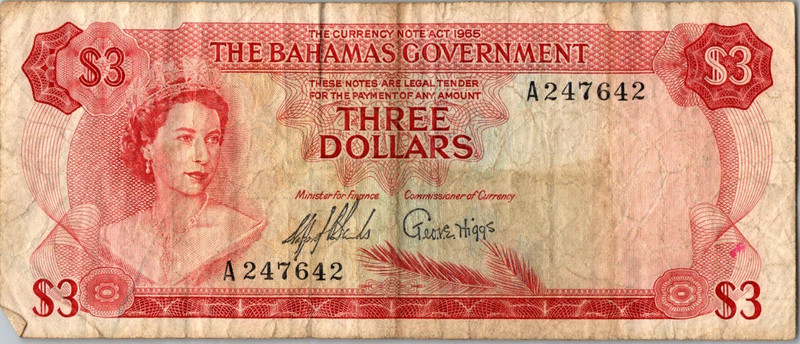BAHAMAS -  3 Dollars Banknote 1965