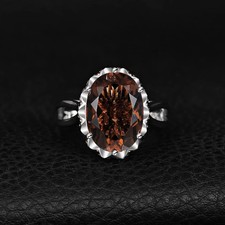 Sterling Silver Ring Oval Smoky Quartz Prong Set Large Stone Women Jewelry