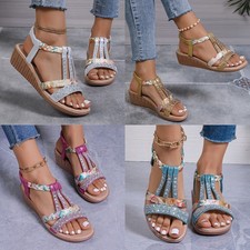 Women's Ladies Sandals Wide Fit Low Wedge Casual Holiday Summer Comfy Shoes Size