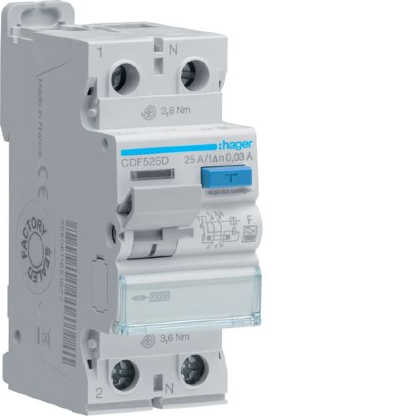 Residual Current Switch 2P 25A 30mA 10kA Type F CDF525D