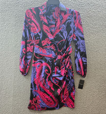 Tahari ASL Printed Faux-Wrap Dress Women's 4 Black/Cobalt Multi Long Sleeve