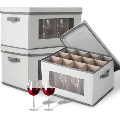 12-Cell Glassware Storage Container w/ Lid, 3PCS Portable Stemware Moving Boxes