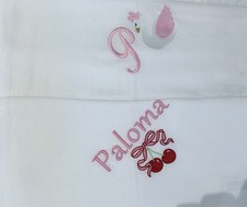 Personalised embroidered baby muslin square cloth X2 In White,pink Grey Or Blue