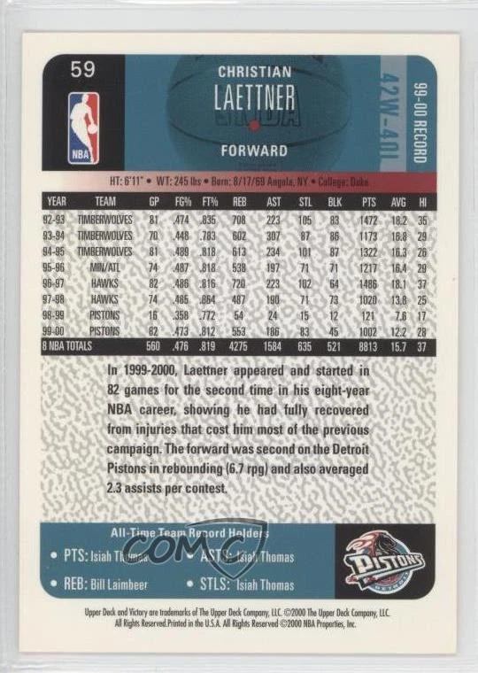 2000-01 Upper Deck Victory Christian Laettner #59 - Image 2 of 2