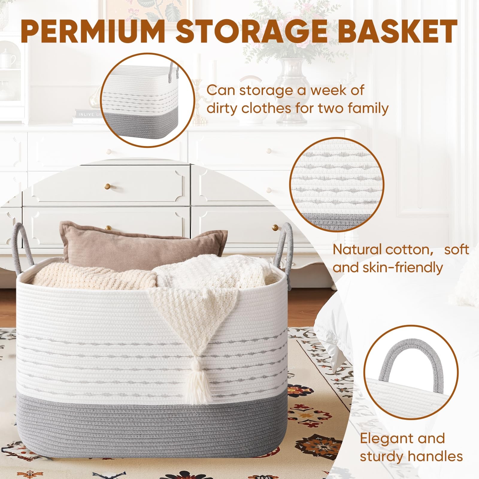 XXL Large Blanket Basket for Living Room, 108L Woven Storage Baskets for Orga...