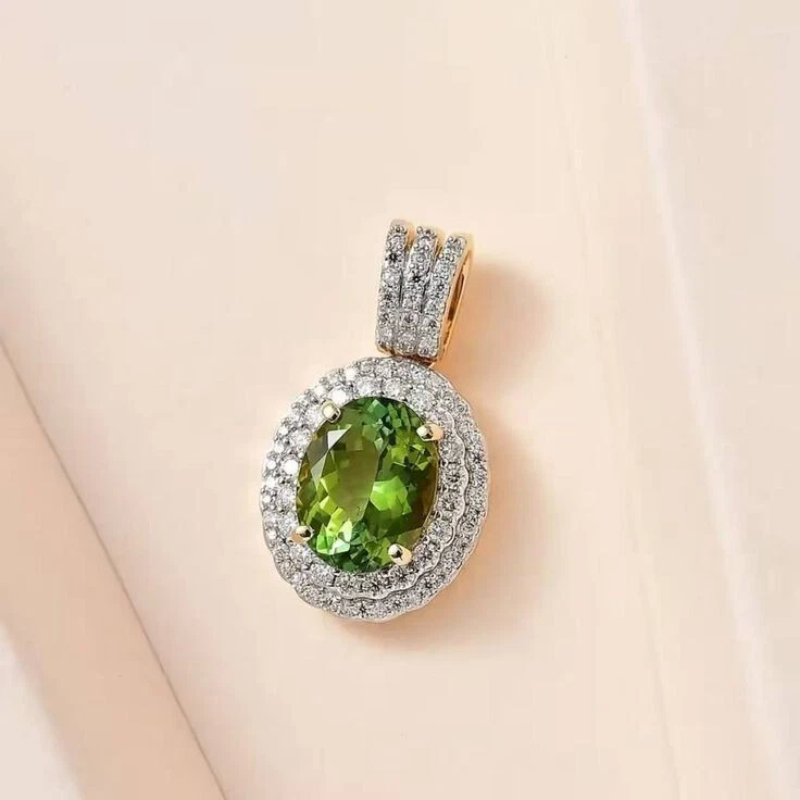 2.30Ct Oval Cut Lab-Created Peridot Halo Pendant 14K White Gold Plated 18"Chain - Image 4 of 4