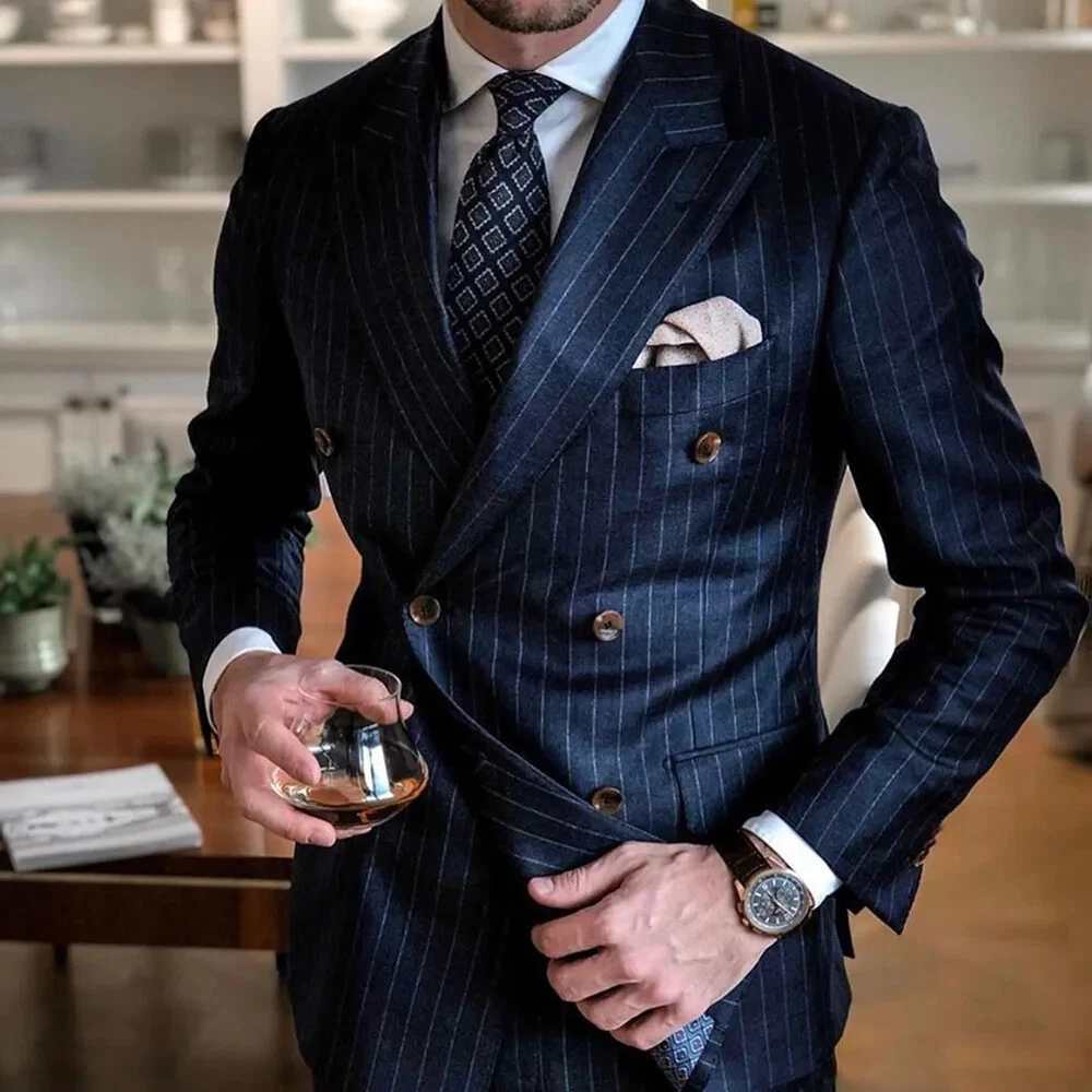 Chic Pinstripe Navy Men Suits 2 Piece Set Formal Double Breasted Peak Lapel Suit
