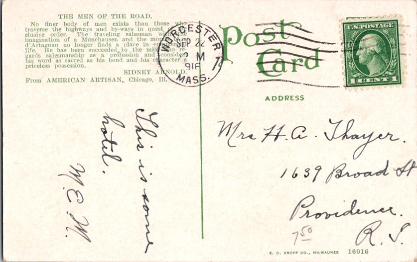 Vintage Postcard The Bancroft Hotel Worcester MA Massachusetts1916 P